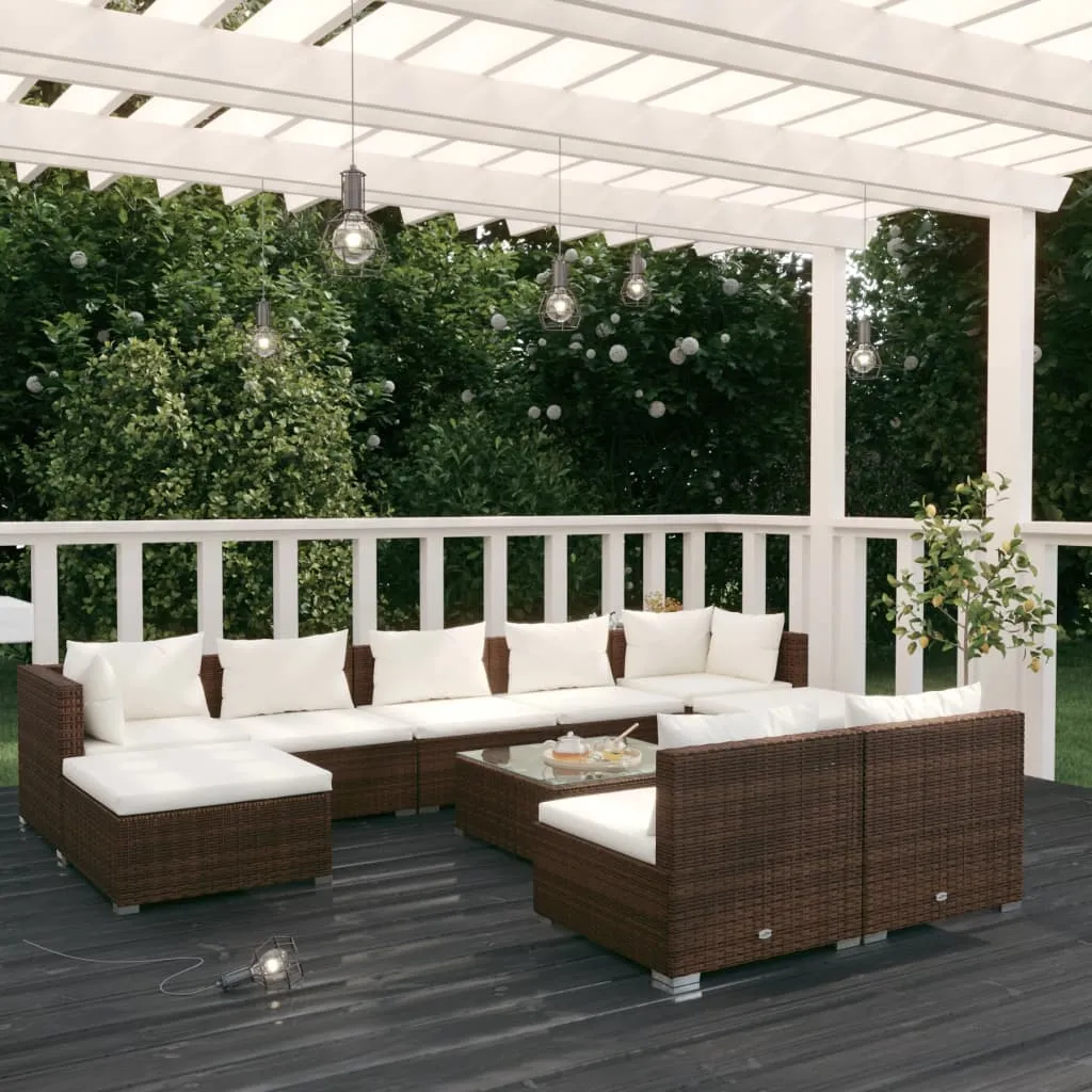 10-tlg. Garten-Lounge-Set mit Kissen Braun Poly Rattan