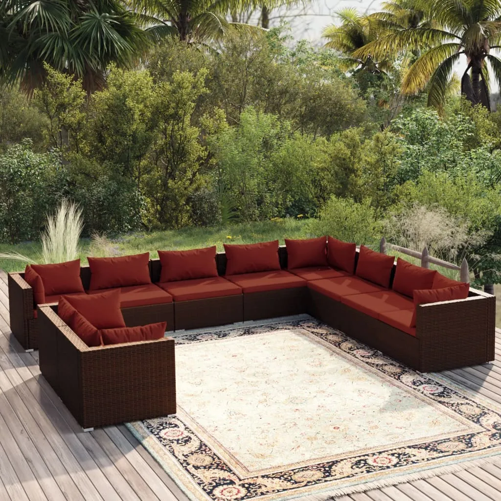 10-tlg. Garten-Lounge-Set mit Kissen Braun Poly Rattan