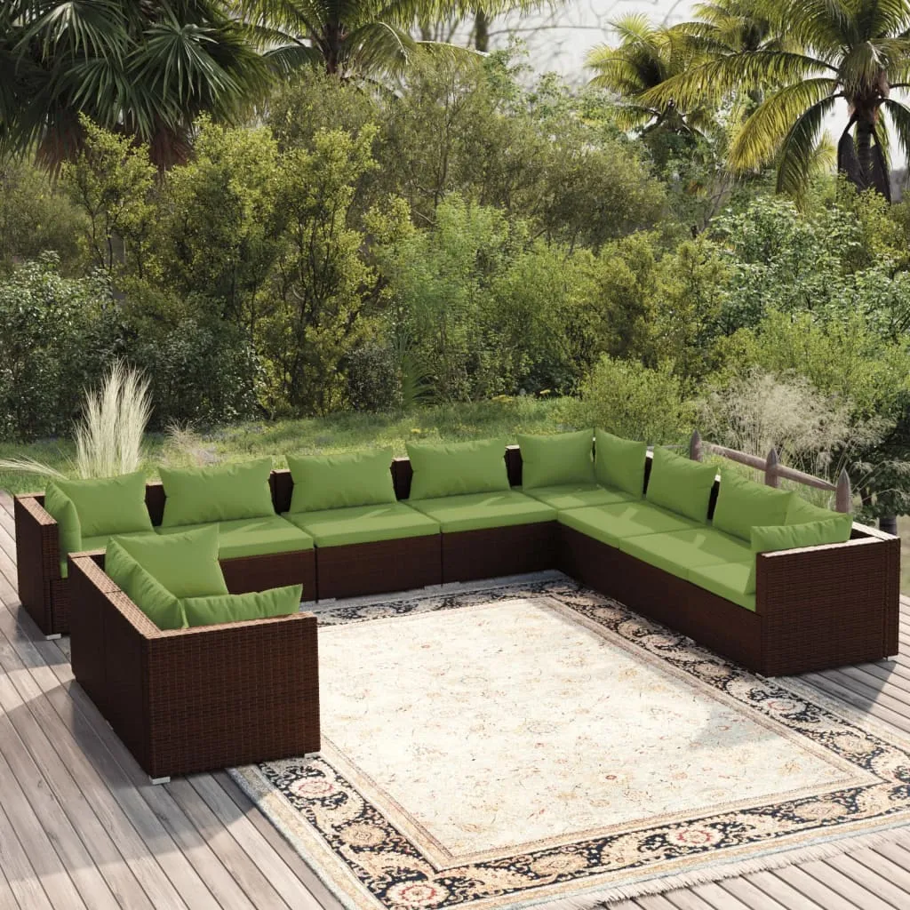 10-tlg. Garten-Lounge-Set mit Kissen Braun Poly Rattan