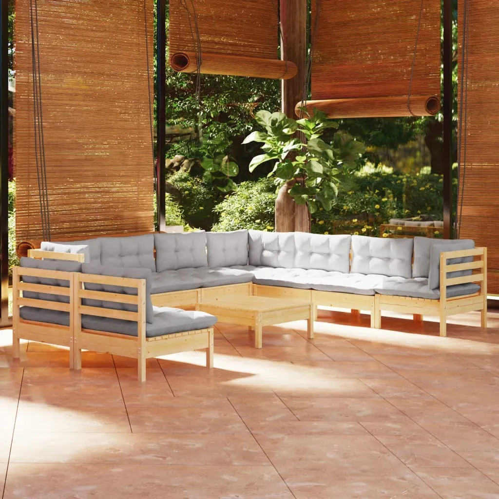 10-tlg. Garten-Lounge-Set mit Grauen Kissen Massivholz Kiefer